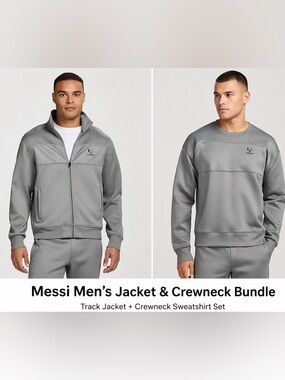 Messi Mens Track Jacket + Crewneck Sweatshirt Bundle L Athletic Set Gray